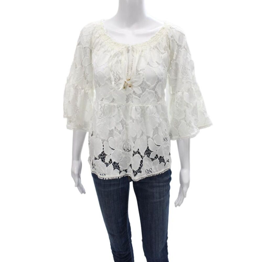 Vanita Rosa Women Tunic White Floral Off Shoulder 3/4 Sleeve Cotton Size One